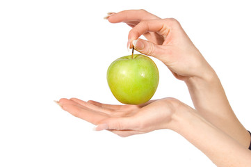 Woman hands holding green apple