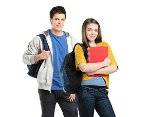 Two students with school bags on their shoulders posing