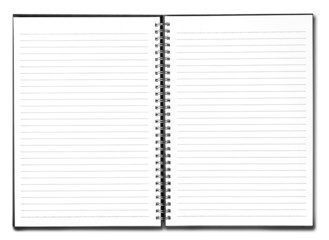 Blank open notebook and pencil on white background.