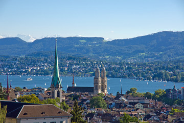 Zurich with the snowcapped alps in the back