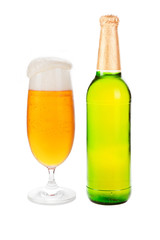 Beer bottle and full beer glass.