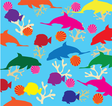 vector background with fish and dolphins