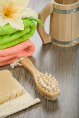 composition for taking bath on wooden background