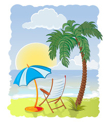 Fototapeta na wymiar palm tree on the sea beach with chair and umbrella