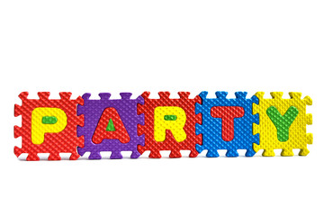 The word "Party" written with alphabet puzzle letters