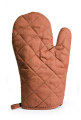 Quilted brown heat protective mitten isolated over white
