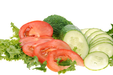 green salad, sliced tomato and cucumber