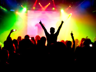 concert crowd in front of bright colorful stage lights