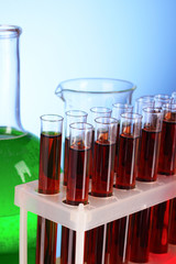 Test tubes closeup on blue background