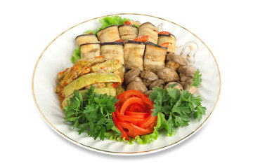 Vegetable marrows, eggplants, mushrooms with tomatoes and parsle
