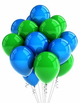 Green and blue party balloons over white background