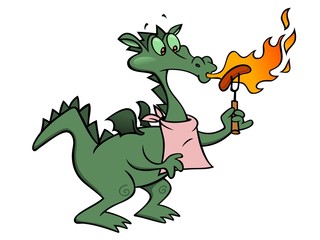 dragon breathing fire on a sausage