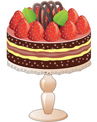 vector cake on a stand with strawberry and chocolate