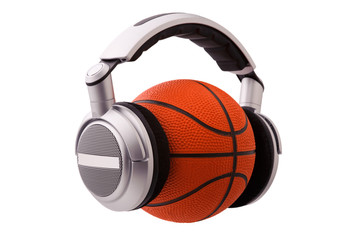 Headphones on a basketball ball, sport and music concept