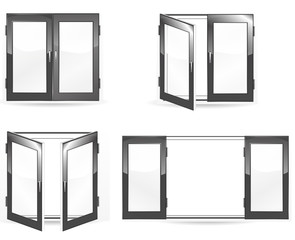 set of open and close black windows isolated on white
