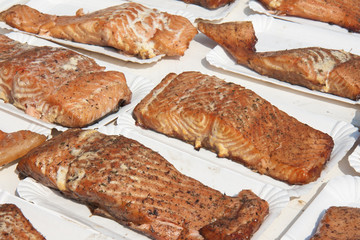 Smoked salmon for sale at a market