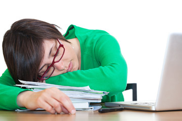 Tired Young Woman Sleeping at Work