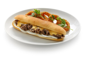philly cheese steak sandwich with onion rings
