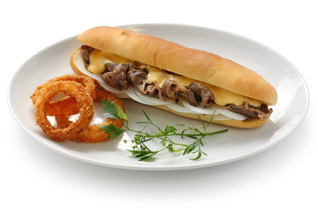 philly cheese steak sandwich with onion rings