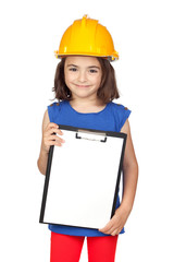 Brunette little girl with a yellow helmet