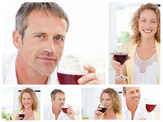 Collage of a man and a woman holding a glass of red wine in the