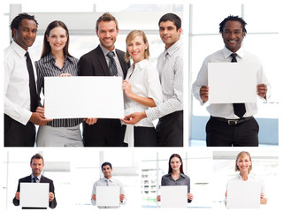 Collage of business people holding signs