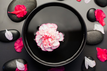Obraz na płótnie Canvas White and pink carnation floating in a black bowl surrounded by