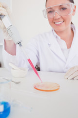 Attractive red-haired scientist using a pipette