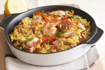 Prawn and chorizo paella