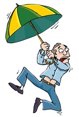 Cartoon man with an umbrellabeing whisked away