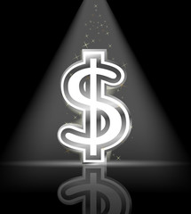 silver glossy dollar sign with spot light and little star