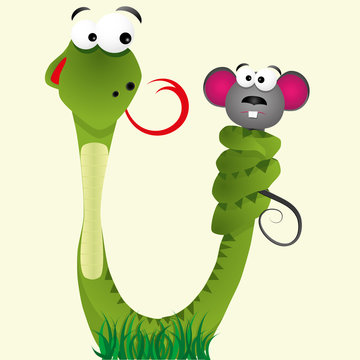 Hungry snake keeps mouse with tail, vector illustration