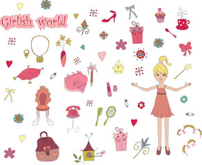 Girlish world. Hand drawn illustration of cute girlish things