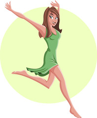 Cartoon young happy woman wearing green dress jumping