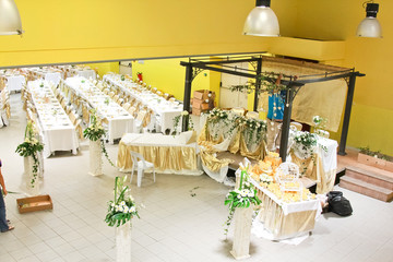 Wedding white reception place ready for guests.