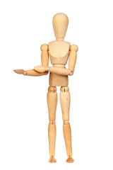 Jointed wooden mannequin with outstretched hand