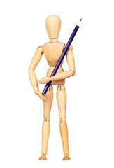Jointed wooden mannequin with a blue pencil