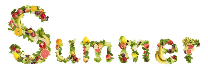 The word SUMMER made of  fruits and vegetables