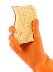 Hand in orange glove with sponge