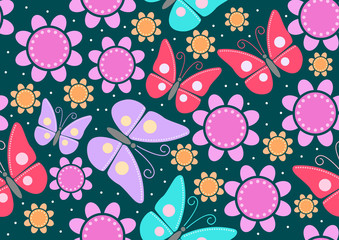 Seamless pattern of butterflies and flowers