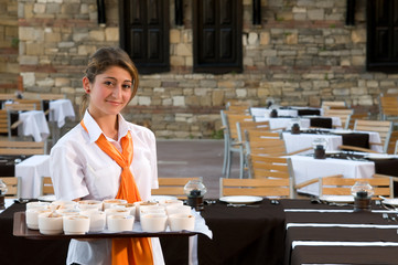Cheerful waitress serving at old fashioned restaurant.