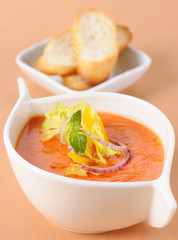 Vegetable cream soup and slices of a fried bread