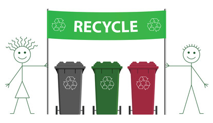 Fototapeta premium Stick man and woman holding green recycling banner