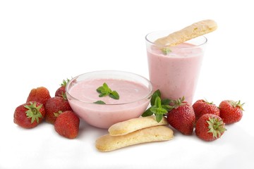 joghurt ,strawberries as tasty cocktail with sponge-cakes