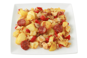 fried potato with sausages and chicken