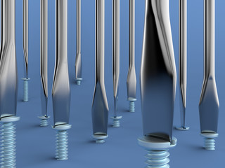 A render of a group of screws and screwdrivers over light blue