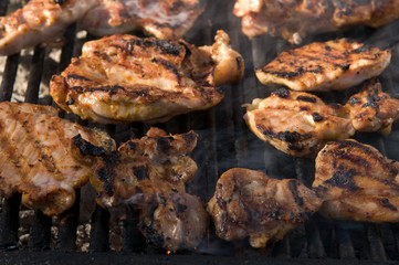 Pieces of grilled chicken on barbecue.