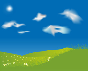 Obraz na płótnie Canvas green hills and white flowers illustration