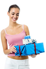 Young smiling woman with gift, isolated on white background