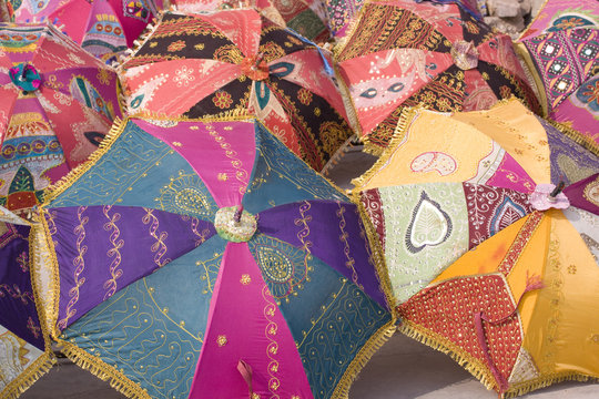 colorful umbrellas on display , Jaipur , Rajasthan, royal India